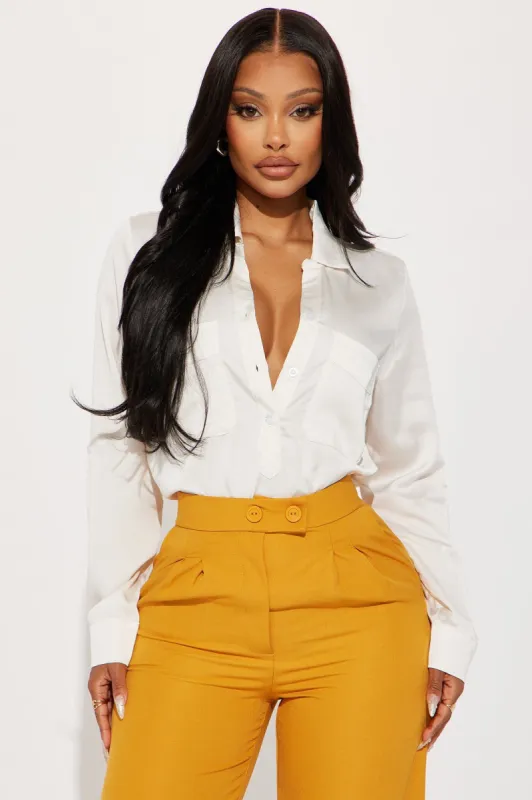 Clocked In Satin Shirt  - Off White sold by Fashion Nova