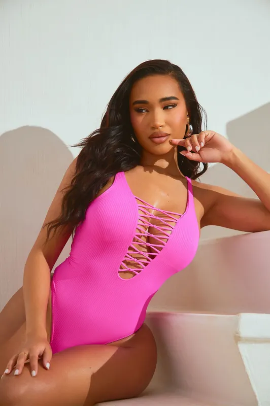 Best Summer Days Ribbed Lace Up 1 Piece Swimsuit - Hot Pink sold by Fashion Nova