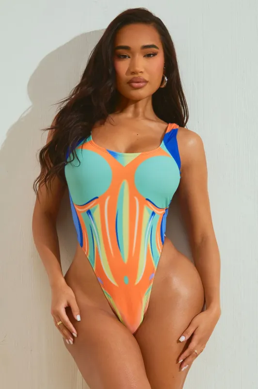 All That Graffiti 1 Piece Swimsuit - Orange/combo sold by Fashion Nova