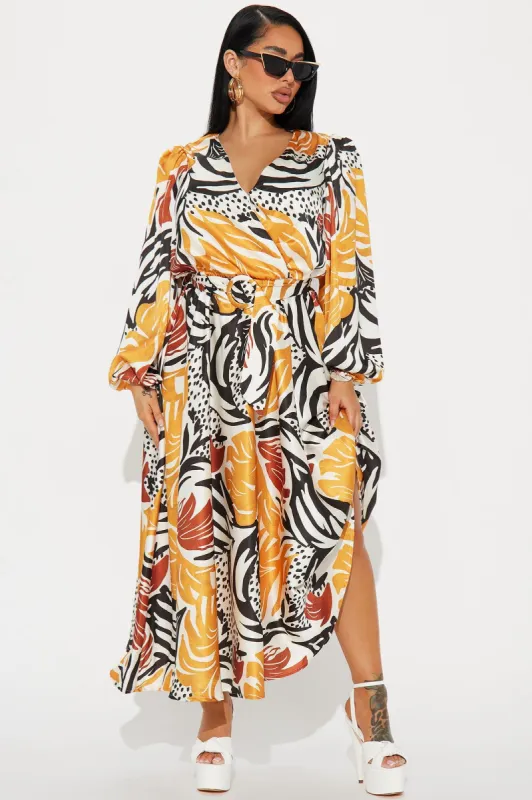 Tahiti Sunset Satin Maxi Dress - Mustard/combo sold by Fashion Nova
