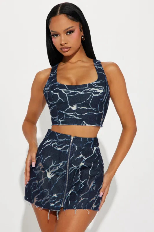 Star Struck Burnout Denim Skirt Set - Dark Wash sold by Fashion Nova