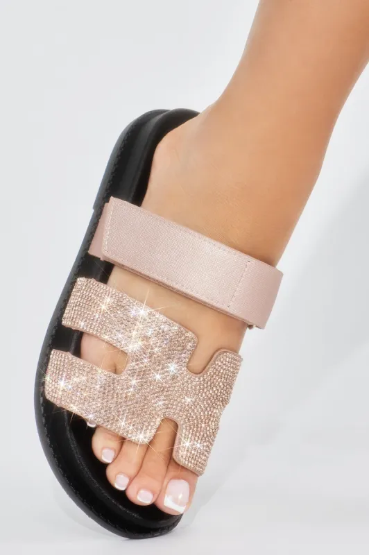 Slayin' In Embellished Casual Slides - Rose Gold sold by Fashion Nova