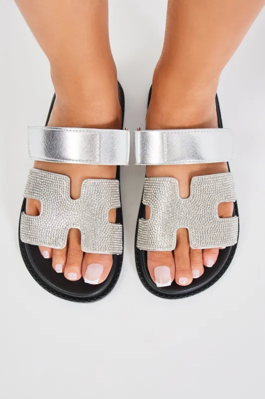 Slayin' In Embellished Casual Slides - Silver sold by Fashion Nova