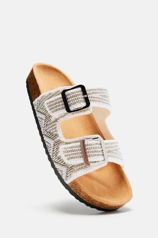 Alina Beaded Flat Sandals - White sold by Fashion Nova