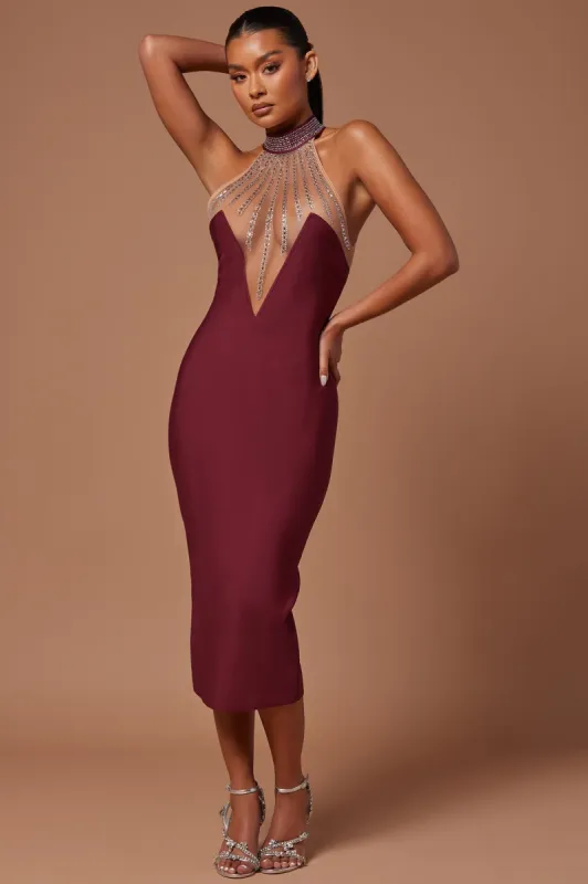 Lina Embellished Bandage Midi Dress - Burgundy sold by Fashion Nova