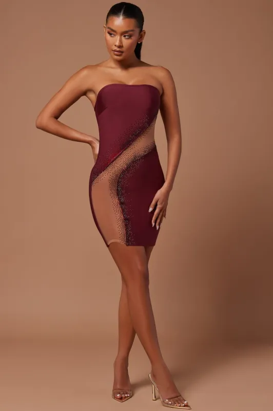 Nights In Milan Embellished Mini Dress - Burgundy sold by Fashion Nova