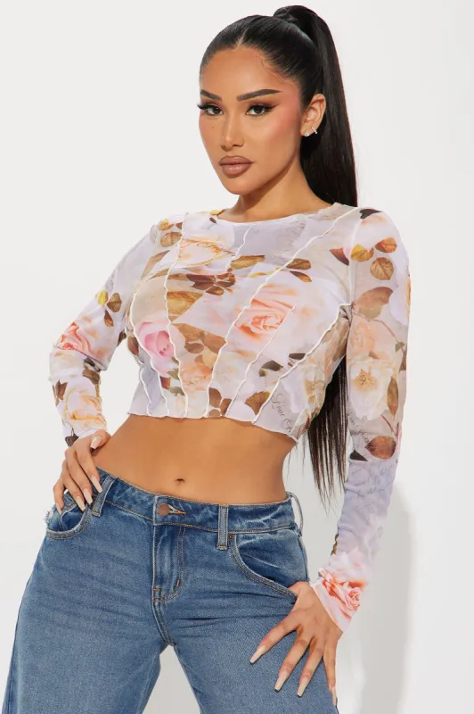 Afterglow Floral Mesh Top - Ivory/combo sold by Fashion Nova