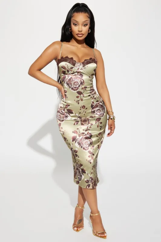 Rosemary Satin Midi Dress - Sage/combo sold by Fashion Nova