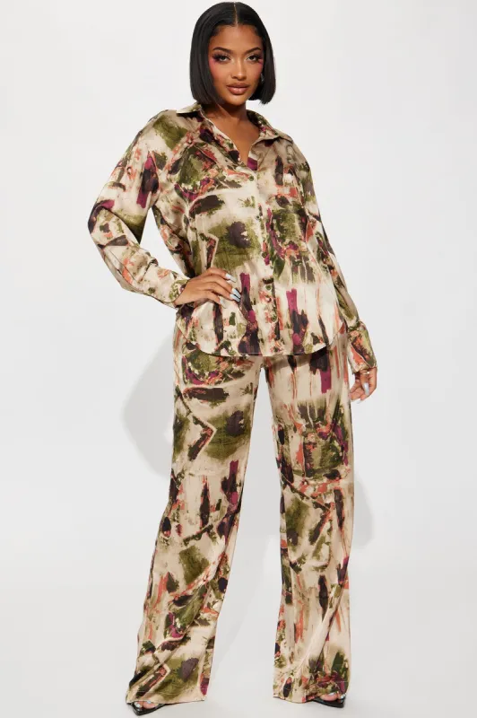 Stepping Out Satin Pant Set - Olive/combo sold by Fashion Nova