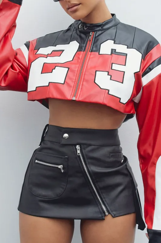Home Team Cropped Moto Jacket - Red/combo sold by Fashion Nova