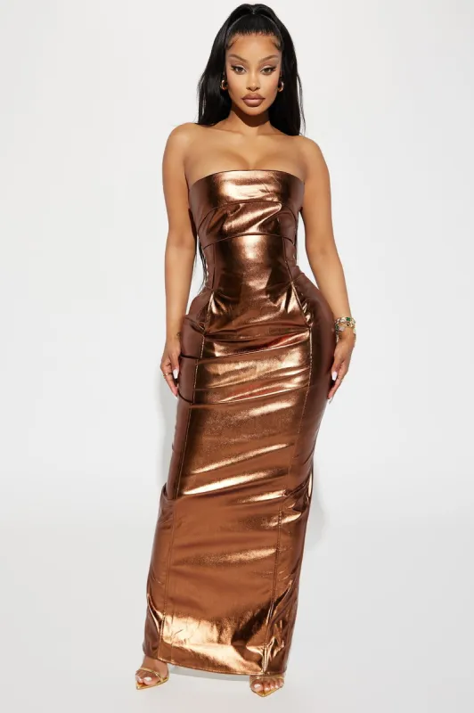 Mercury Metallic Maxi Dress - Bronze sold by Fashion Nova