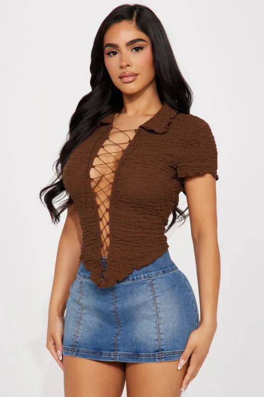 Cassidy Short Sleeve Lace Up Top - Brown sold by Fashion Nova