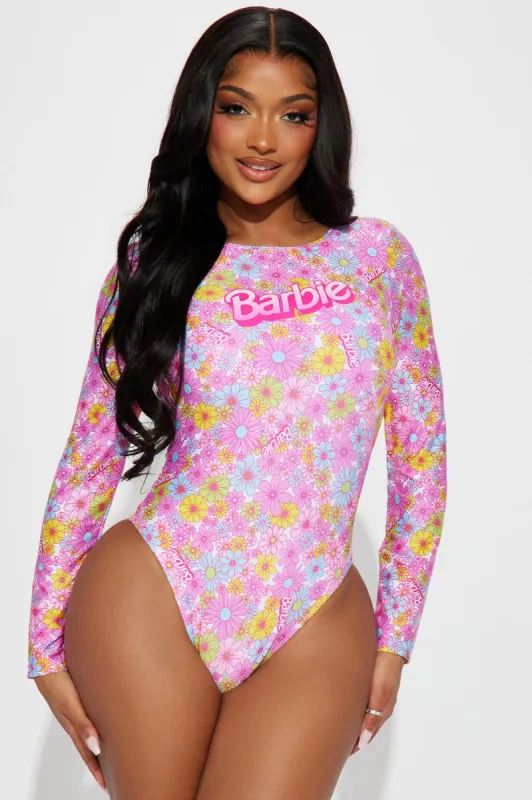 Beach Barbie 1 Piece Long Sleeve Swimsuit - Pink/combo sold by Fashion Nova
