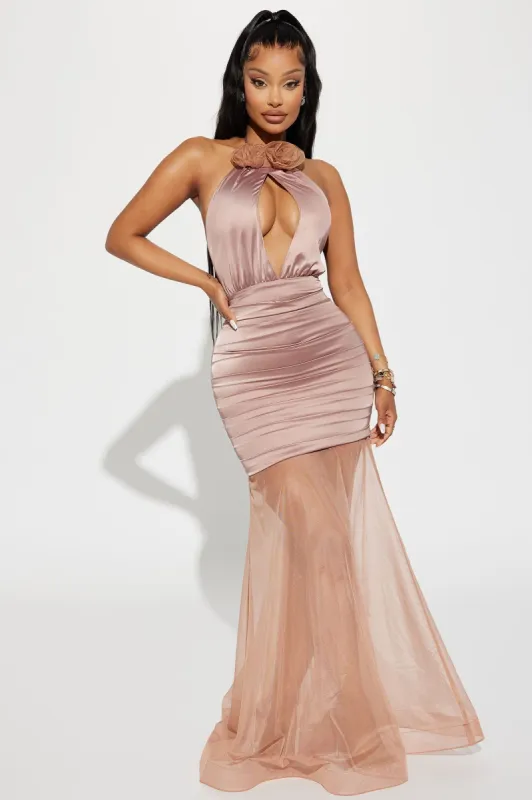 Claudia Satin Rosette Gown - Mauve sold by Fashion Nova