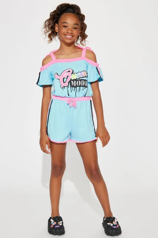 Mini Queen Mode Yummy Knit Romper - Aqua/Combo sold by Fashion Nova
