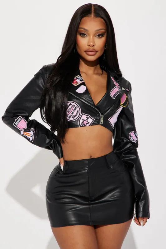 Tia Cropped Faux Leather Moto Jacket - Black sold by Fashion Nova