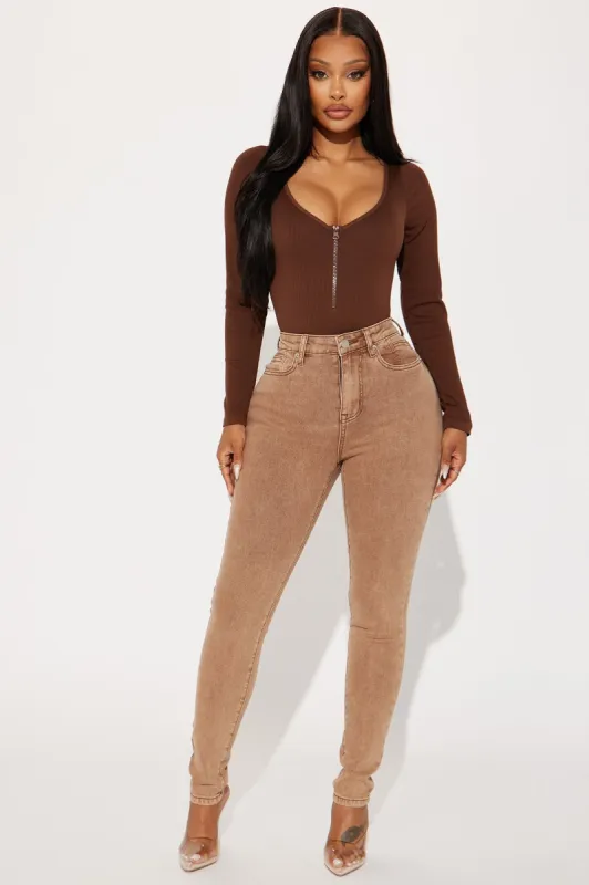 Shape Up Sculpting Stretch Skinny Jeans - Brown sold by Fashion Nova