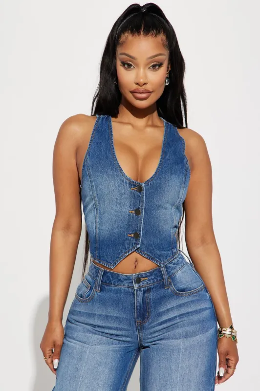 The Wayside Denim Vest - Medium Wash sold by Fashion Nova