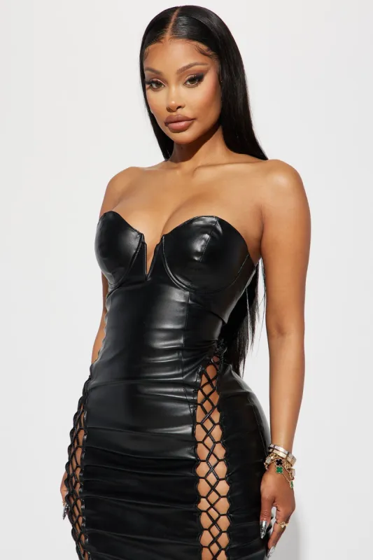 Dominating Faux Leather Lace Up Midi Dress Black Parallel