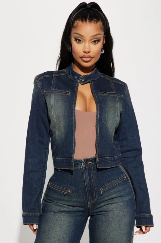 When In Rome Moto Denim Jacket - Dark Wash sold by Fashion Nova