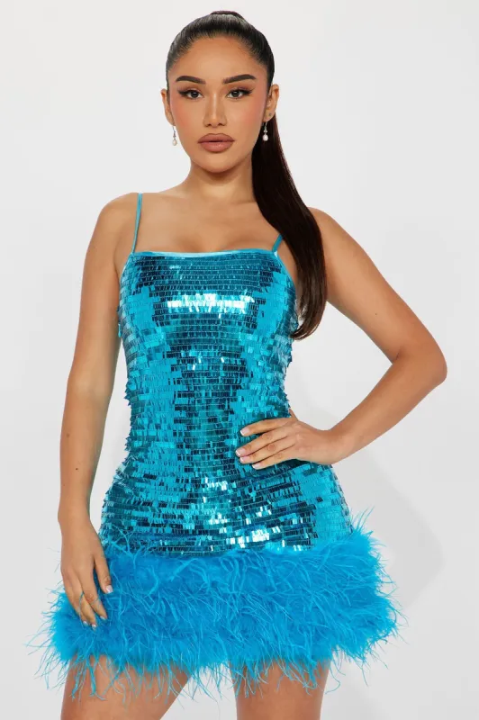 Serenity Sequin Feather Mini Dress - Aqua sold by Fashion Nova