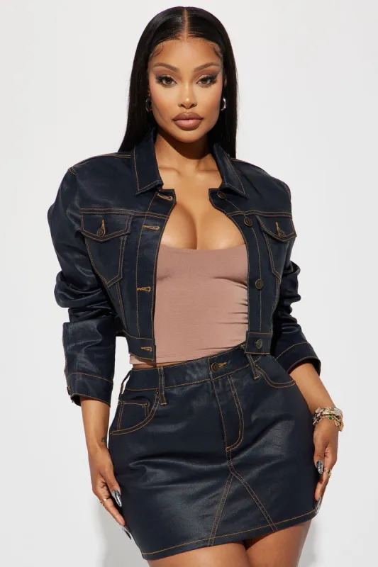 I Never Miss Coated Cropped Denim Jacket - Dark Wash sold by Fashion Nova