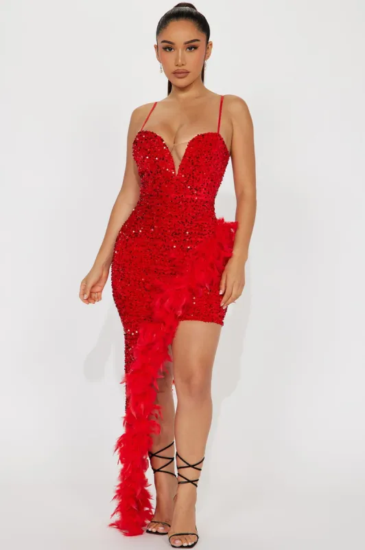 Vegas Vibes Sequin Feather Maxi Dress - Red sold by Fashion Nova