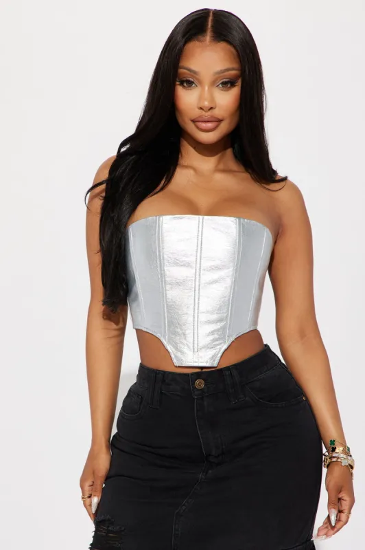 Crackle Pop Metallic Corset Top - Silver sold by Fashion Nova