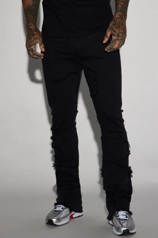 Fray Paneled Stacked Skinny Flared Pants - Black sold by Fashion Nova