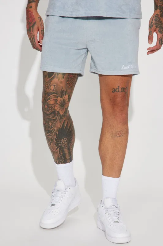 Coast To Coast Embroidered Terry Cloth Shorts - Light Blue sold by Fashion Nova