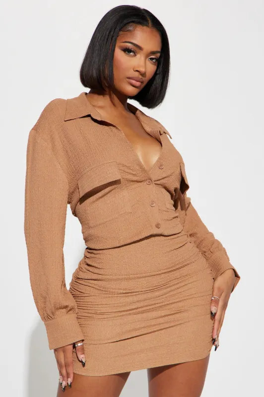 Hayley Textured Mini Dress - Camel sold by Fashion Nova