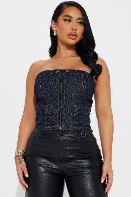 For The Ride Denim Corset Top - Dark Wash sold by Fashion Nova