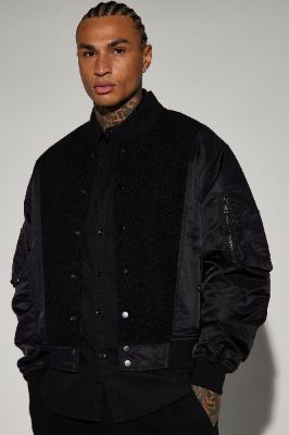 Garcia Nylon Felt Bomber Jacket - Black/combo sold by Fashion Nova