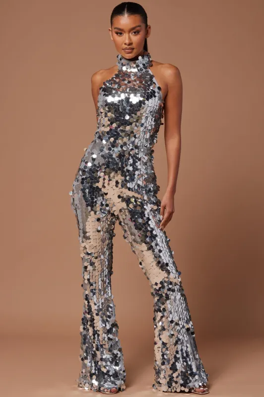 Jesslyn Sequin Jumpsuit - Silver sold by Fashion Nova