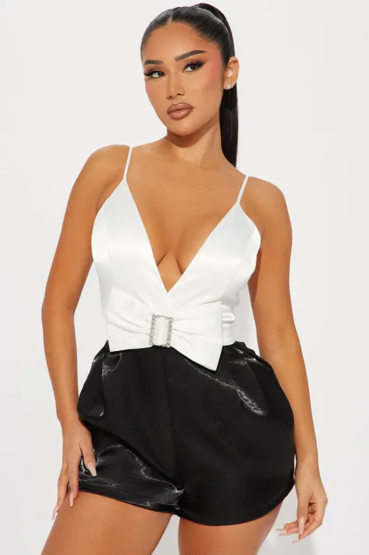 Time Of The Year Satin Romper - Black/White sold by Fashion Nova