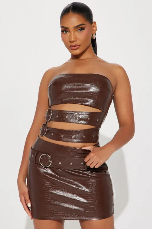 Rock You Out Faux Leather Skirt Set - Chocolate sold by Fashion Nova