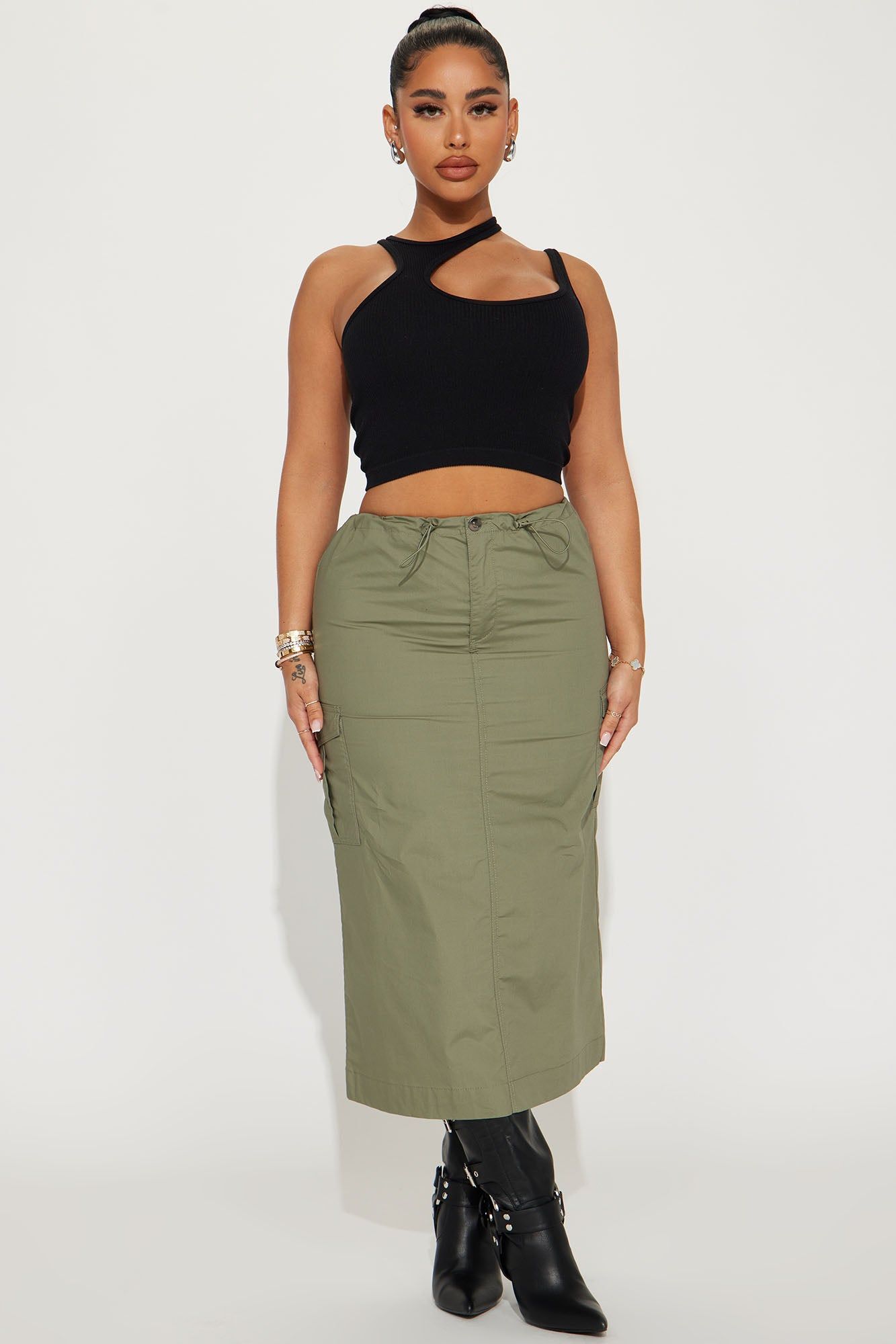 Jeanette Cargo Midi Skirt - Olive sold by Fashion Nova