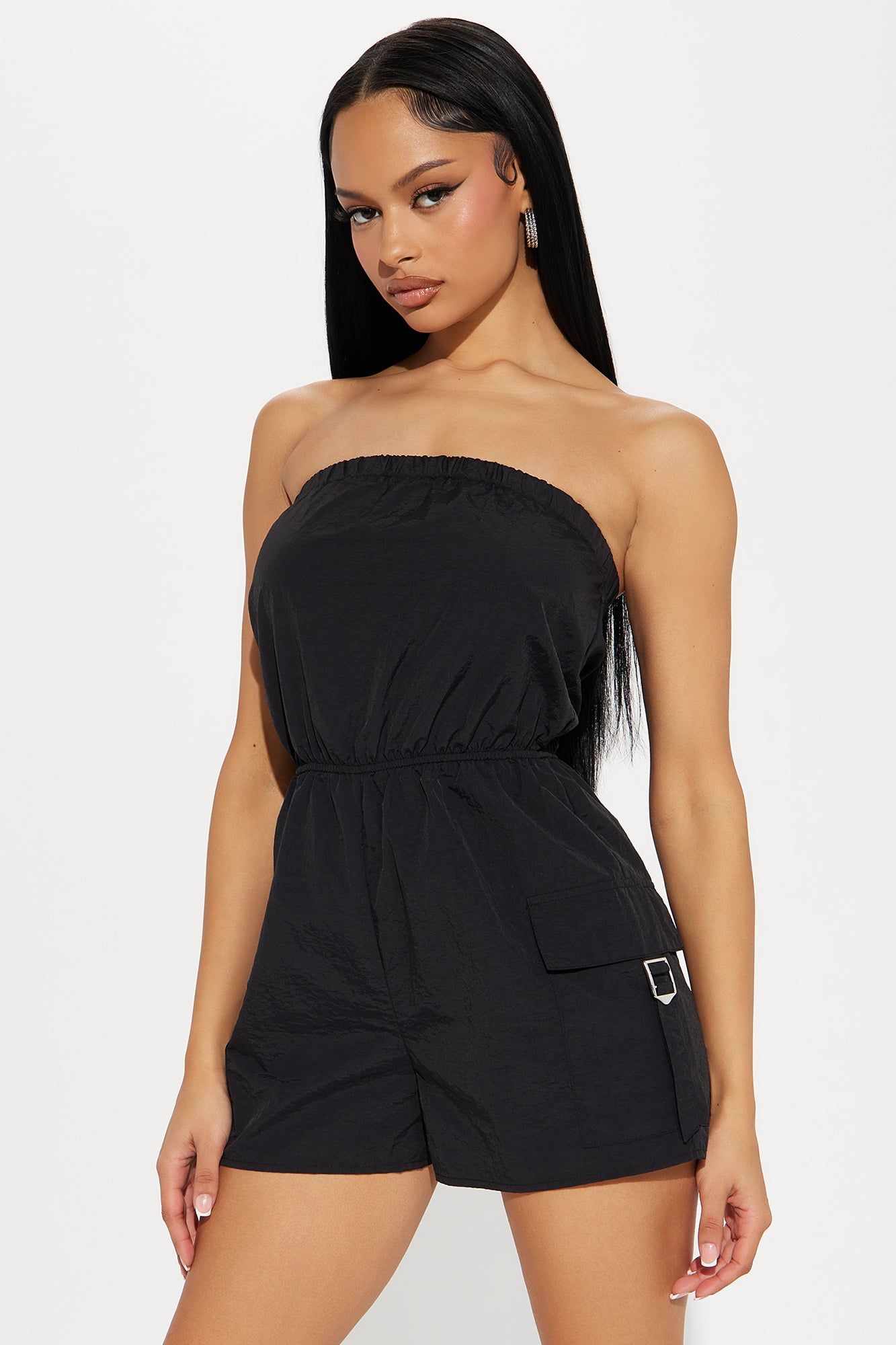 True To Self Cargo Romper - Black sold by Fashion Nova