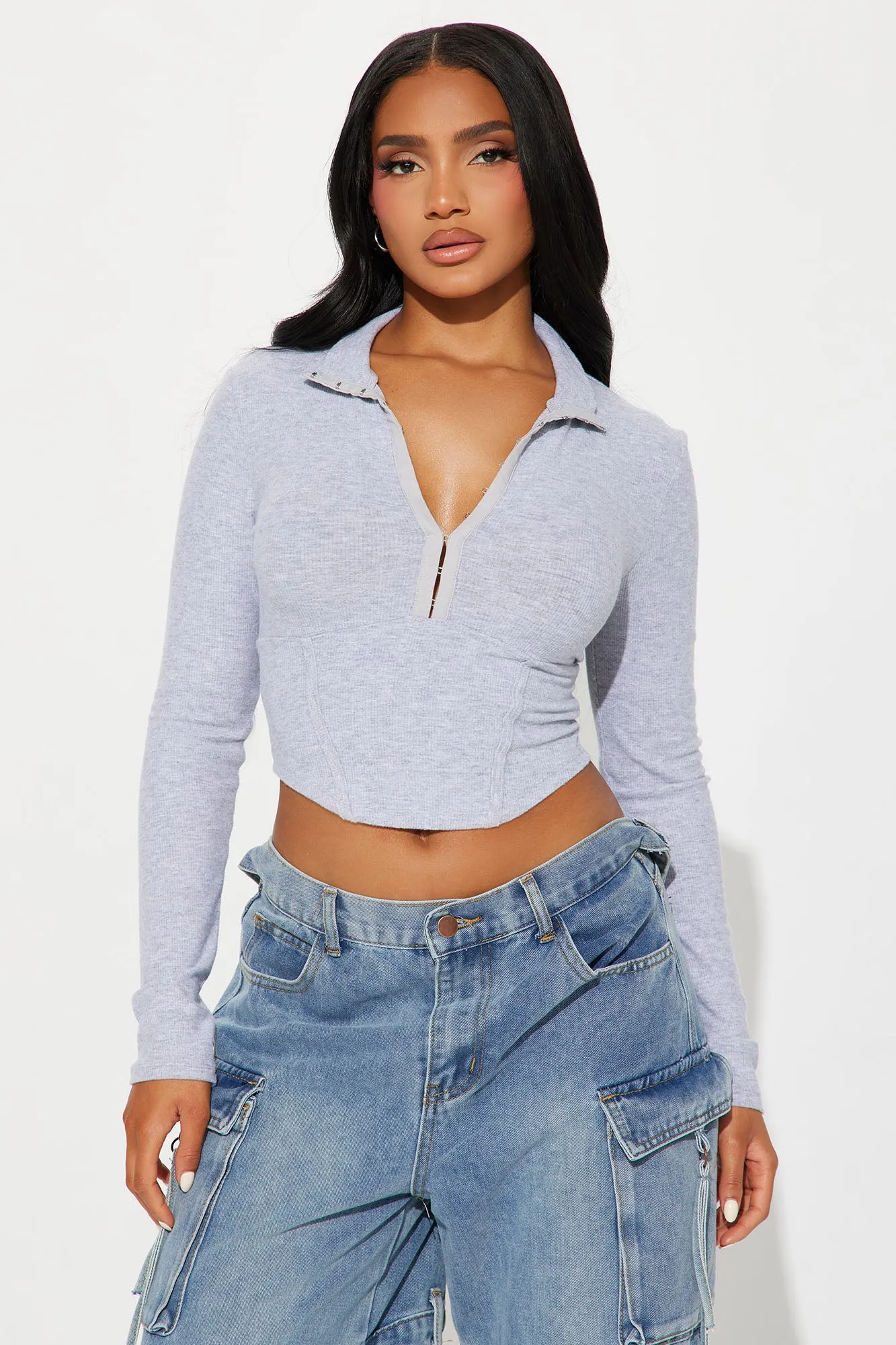 Jolene Long Sleeve Top - Heathered Grey sold by Fashion Nova