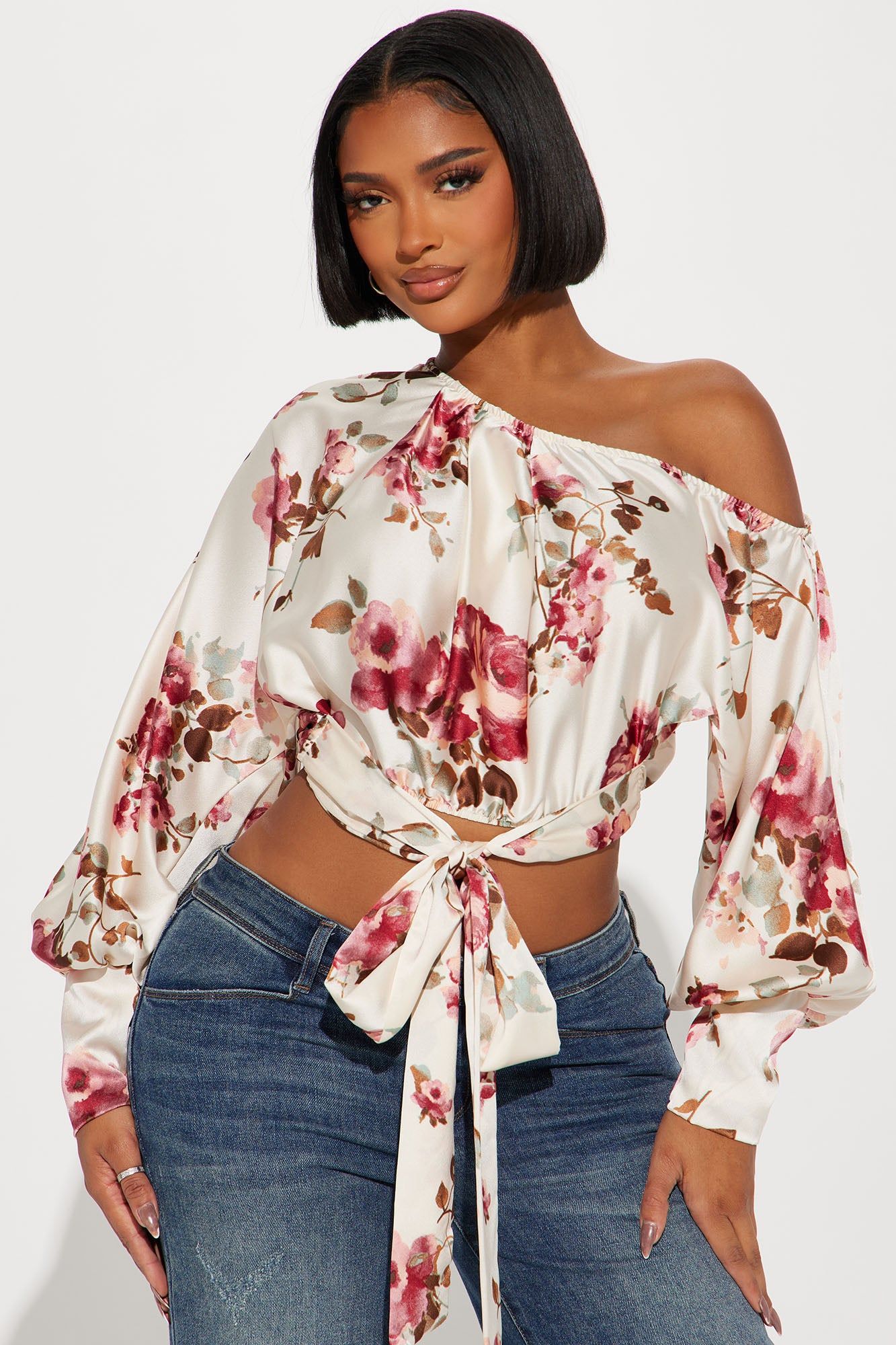 Time For Tea Satin Blouse - White/combo sold by Fashion Nova