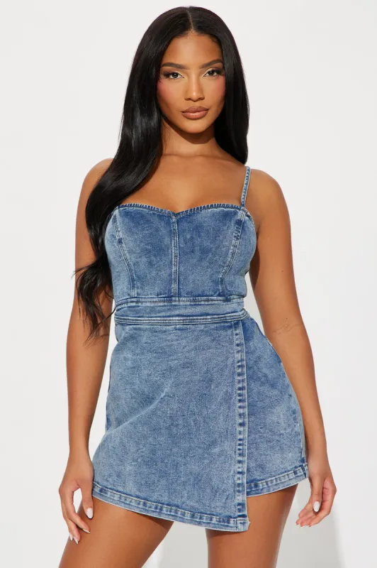 Day And Night Denim Romper - Medium Wash sold by Fashion Nova