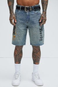 Ed Hardy Crouching Panther Denim Shorts - Light Wash sold by Fashion Nova