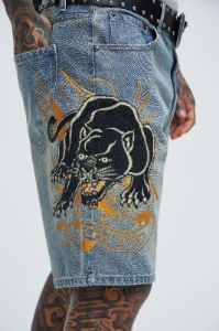 Ed Hardy Crouching Panther Denim Shorts - Light Wash sold by Fashion Nova