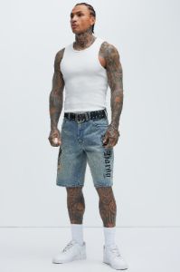 Ed Hardy Crouching Panther Denim Shorts - Light Wash sold by Fashion Nova