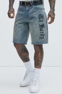 Ed Hardy Crouching Panther Denim Shorts - Light Wash sold by Fashion Nova