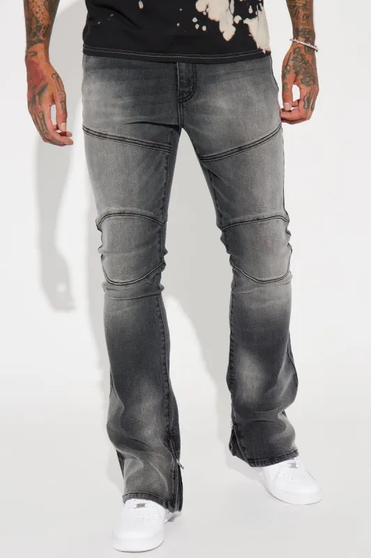 On The Mend Slim Stacked Flare Jeans - Black Wash sold by Fashion Nova