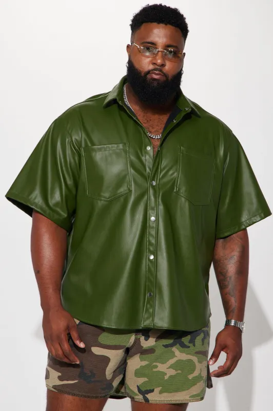 Work It Out Faux Leather Button Up Shirt - Hunter sold by Fashion Nova