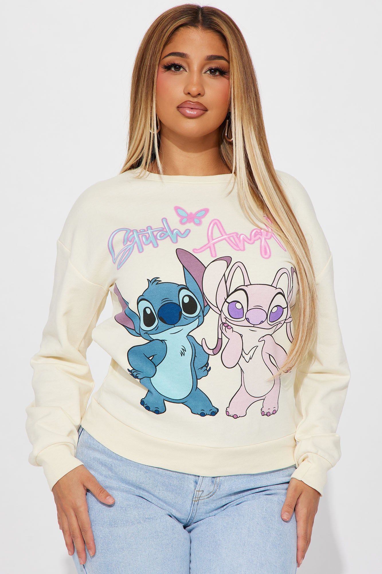 Stitch And Angel Graphic Sweatshirt - Cream sold by Fashion Nova