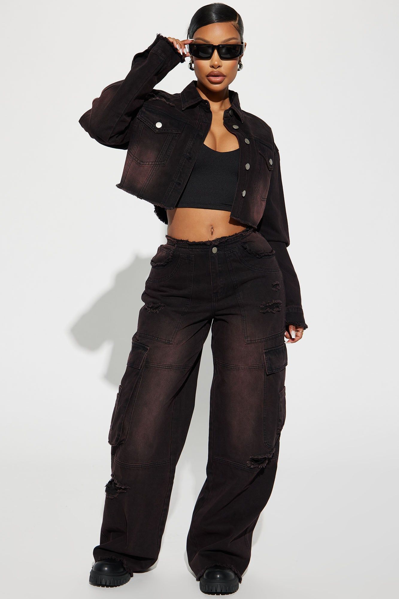 Run That Back Non Stretch Cargo Jean - Red/Black sold by Fashion Nova