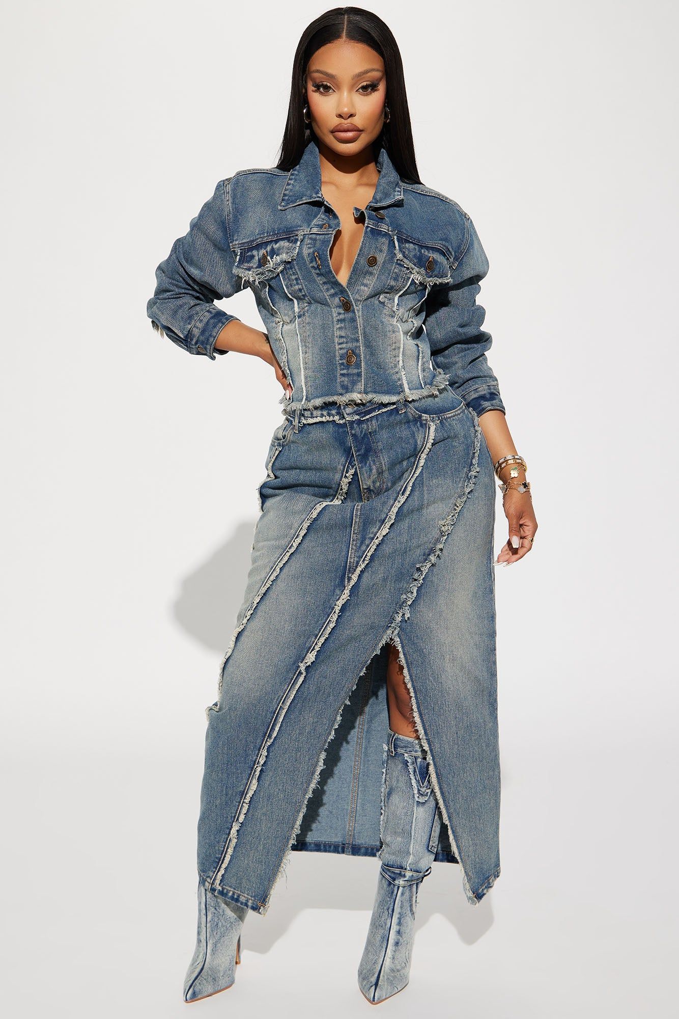 Yuma Tinted Denim Midi Skirt - Medium Wash sold by Fashion Nova